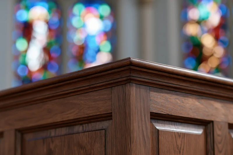 Close-up of a dark walnut wooden church pulpit corner with stained glass windows blurred in the background