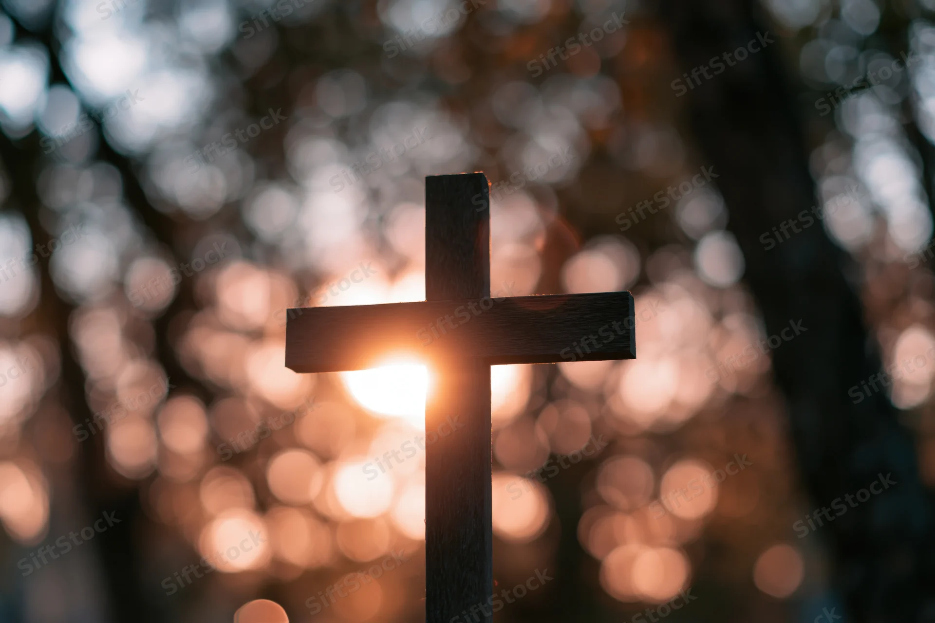 Dark wooden christian cross silhouetted against warm sunset light in forest setting