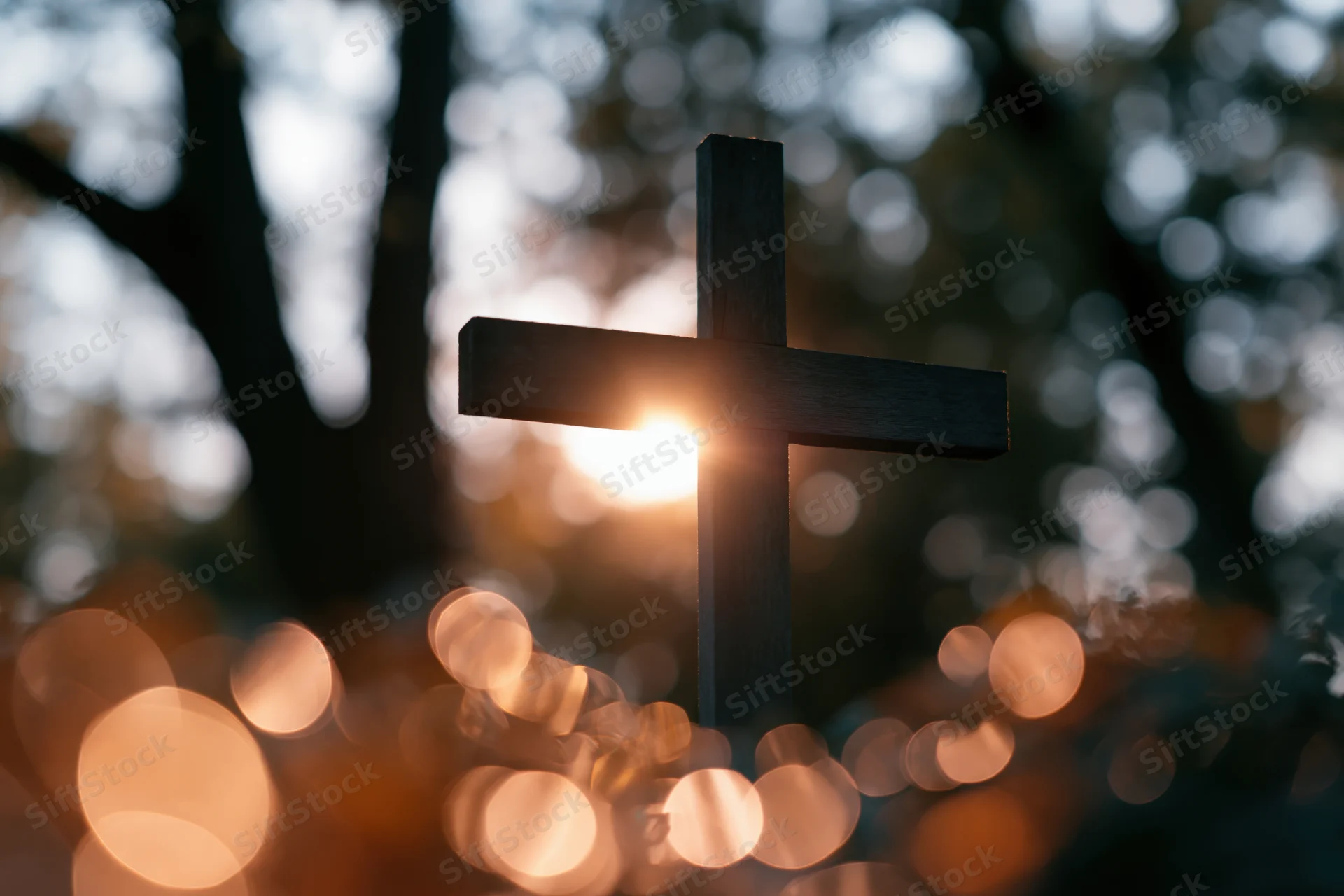 Dark wooden christian cross silhouetted against glowing sunset light in forest setting