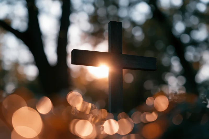 Dark wooden christian cross silhouetted against glowing sunset light in forest setting