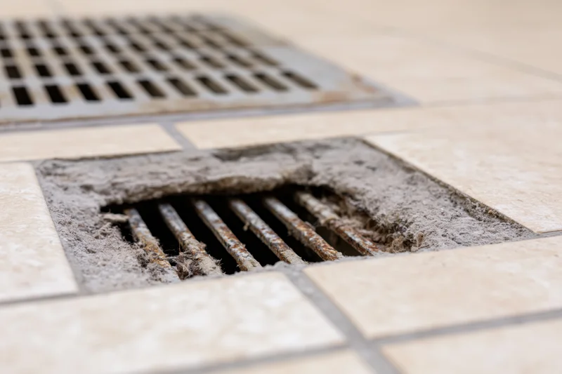 Clogged floor vent with hair and grime on tiled bathroom floor