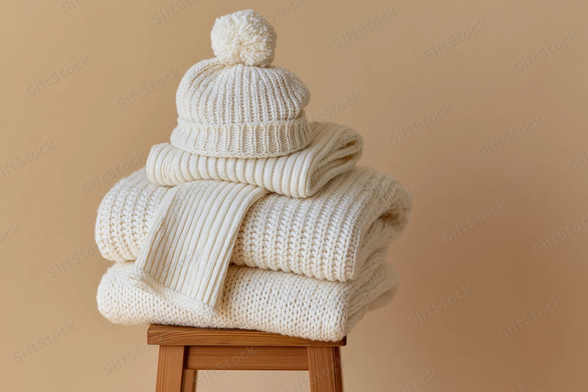Stack of white knitted winter clothing including sweater, hat and scarf on wooden stool against beige background