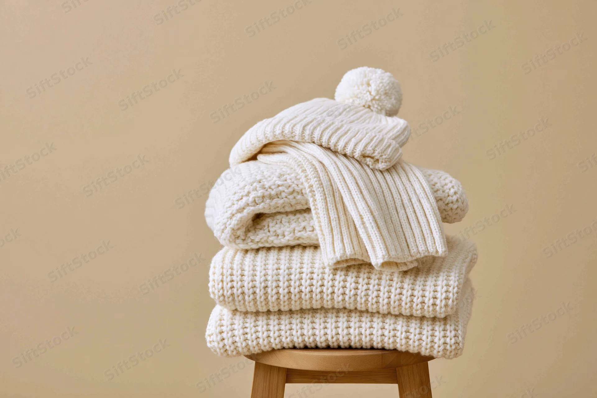 Stack of white knitted winter clothing including sweater scarf and hat on wooden stool against beige background