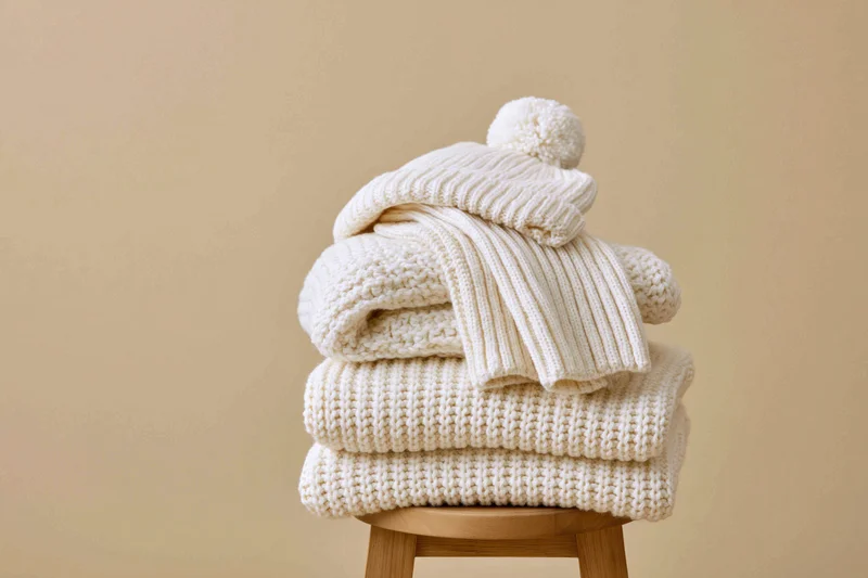 Stack of white knitted winter clothing including sweater scarf and hat on wooden stool against beige background