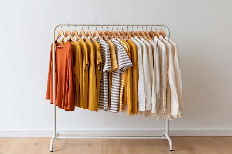Clothing rack with neatly arranged tshirts and blouses in warm earth tones against a white wall in a minimalist interior