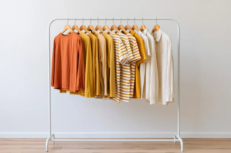 Clothing rack with neatly arranged shirts and tops in warm tones against a white wall in a minimalist room