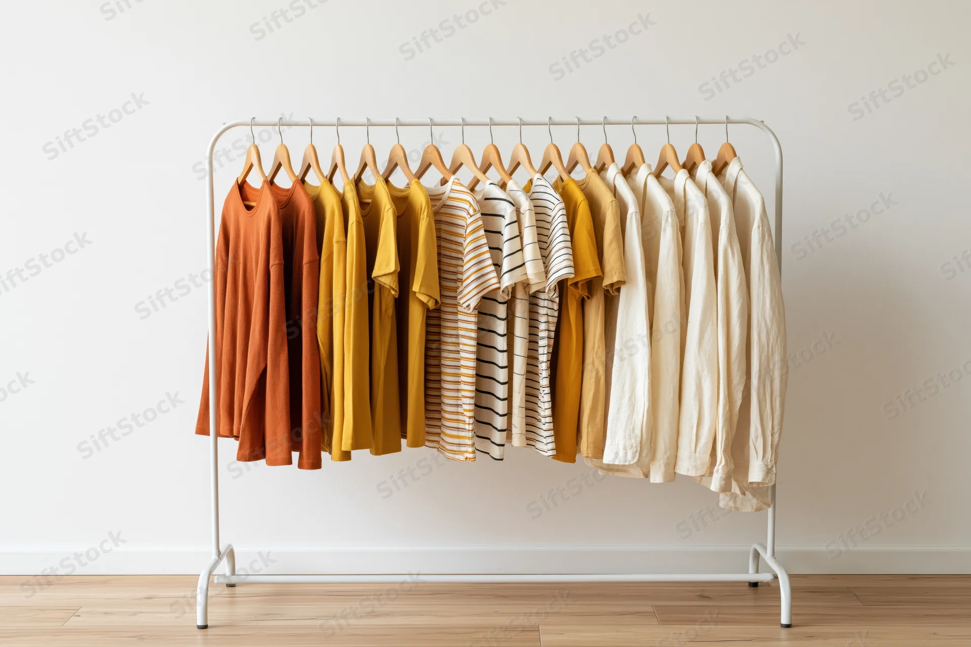Clothing rack with tshirts arranged by color in a minimalist room