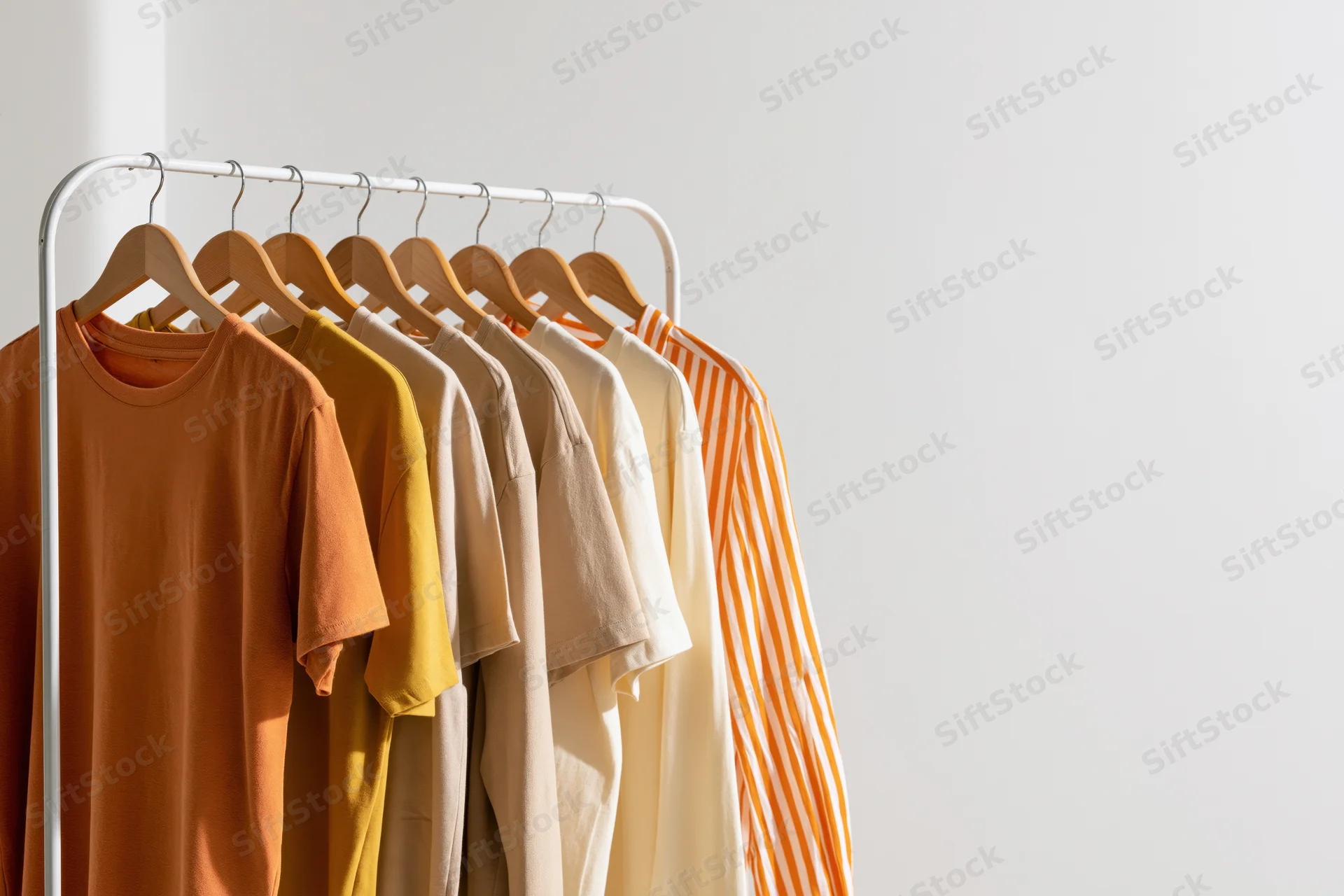 Row of tshirts in warm neutral tones hanging on a white metal rack against a plain wall