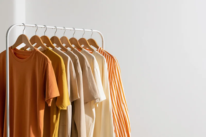Row of tshirts in warm neutral tones hanging on a white metal rack against a plain wall