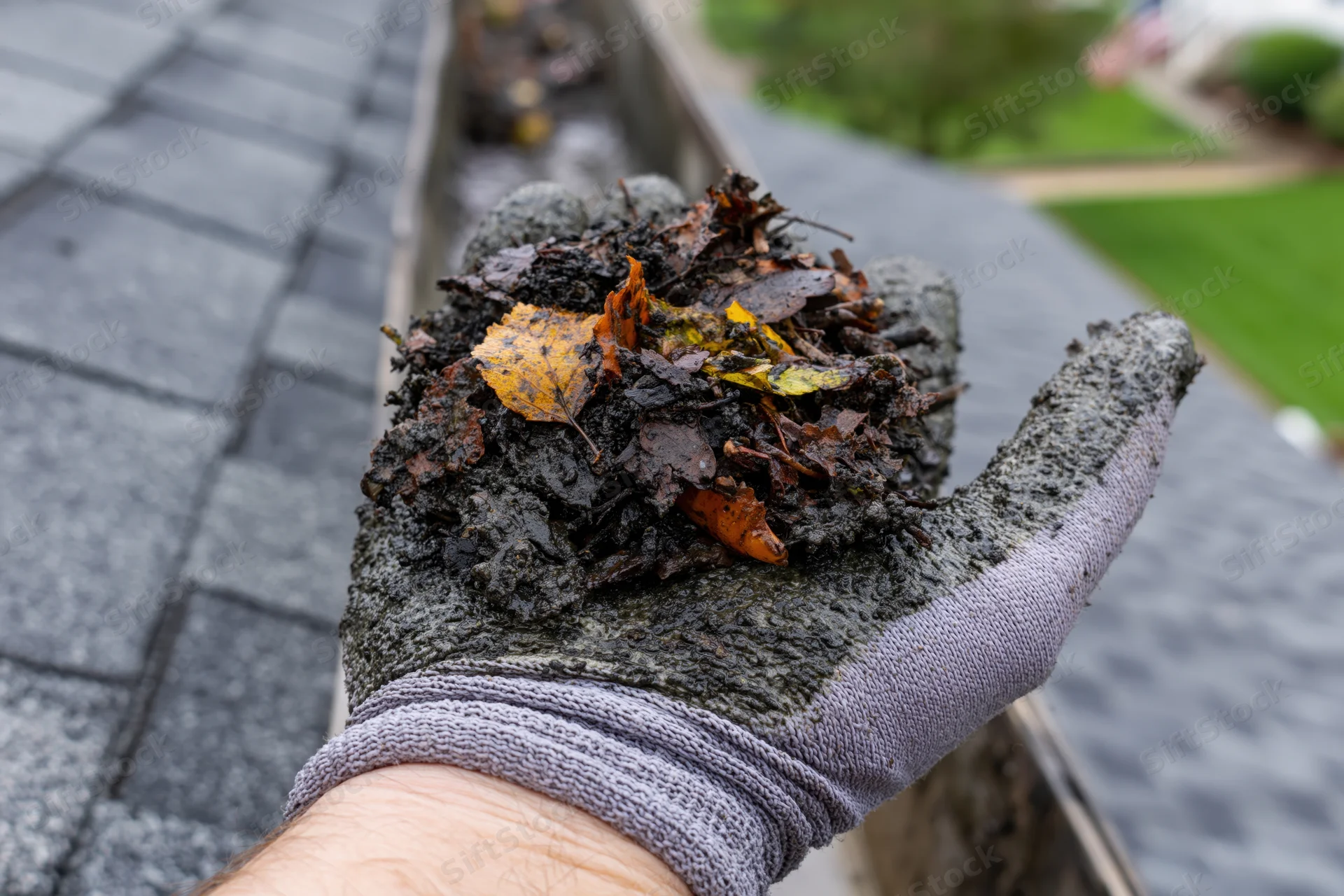 Gloved hand holding wet decomposed leaves and debris from a roof gutter during autumn cleaning