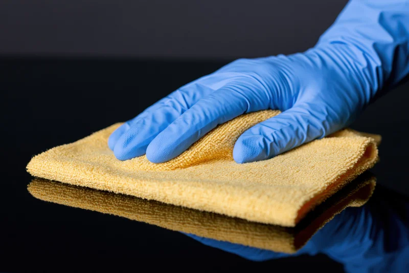 Gloved hand wiping a black reflective surface with a yellow cloth