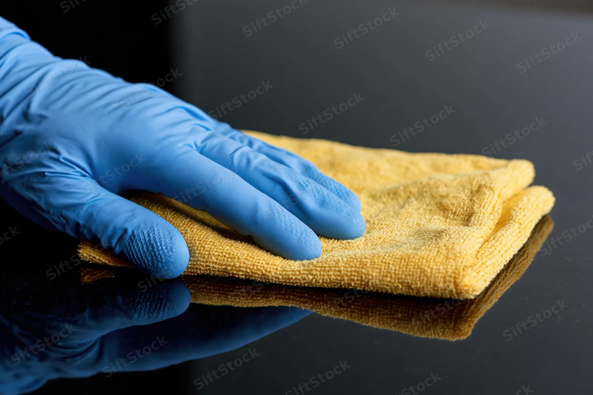 Gloved hand wiping a black reflective surface with a yellow cloth