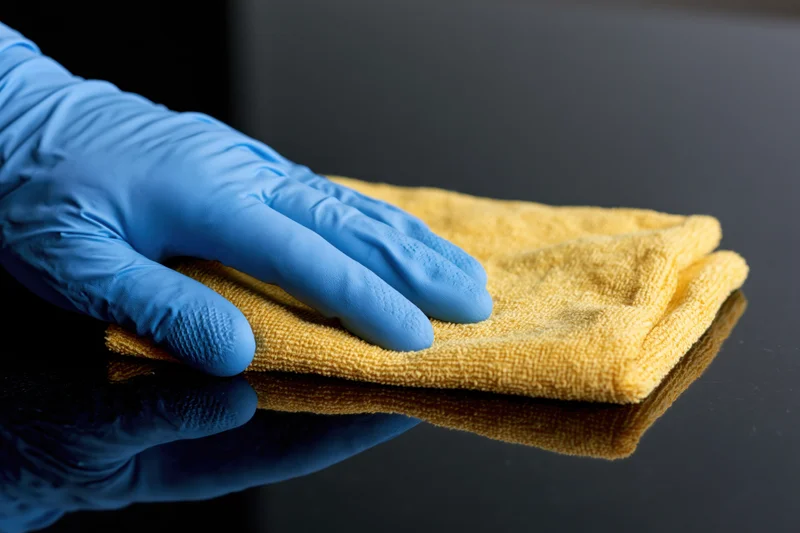 Gloved hand wiping a black reflective surface with a yellow cloth