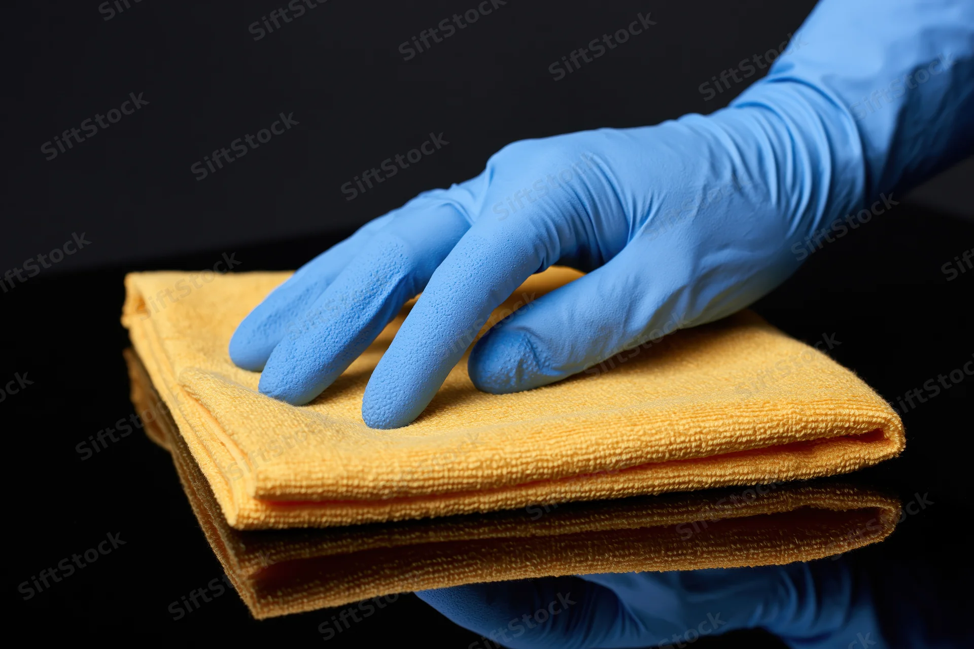 Gloved hand wiping a black reflective surface with a yellow cloth