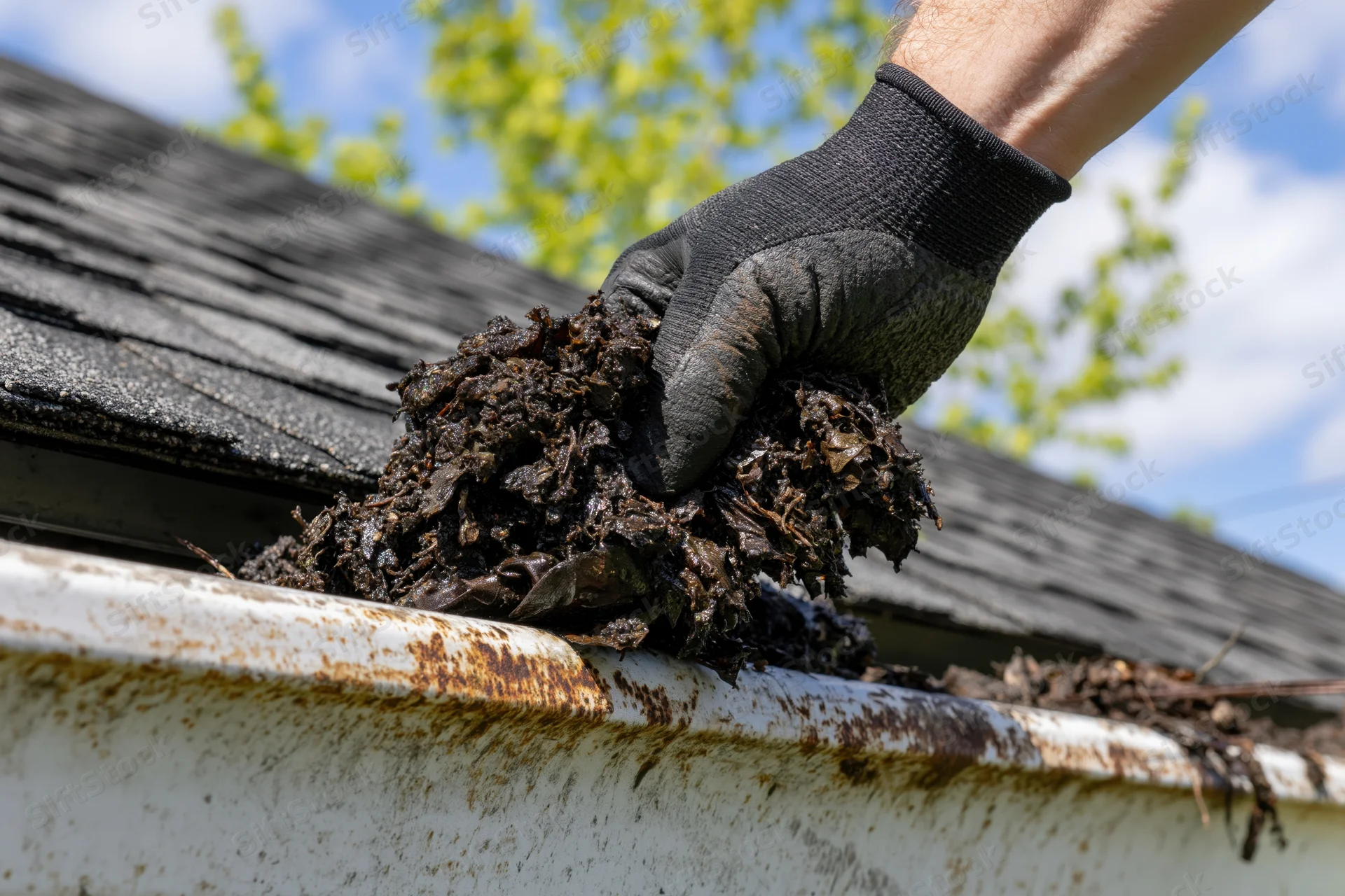 Gloved hand pulling wet decomposed leaves from a rusted gutter on a shingled roof