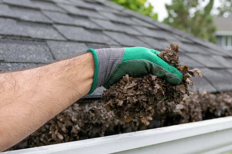 Hand in green and gray glove holding clump of wet leaves pulled from white gutter against shingled roof