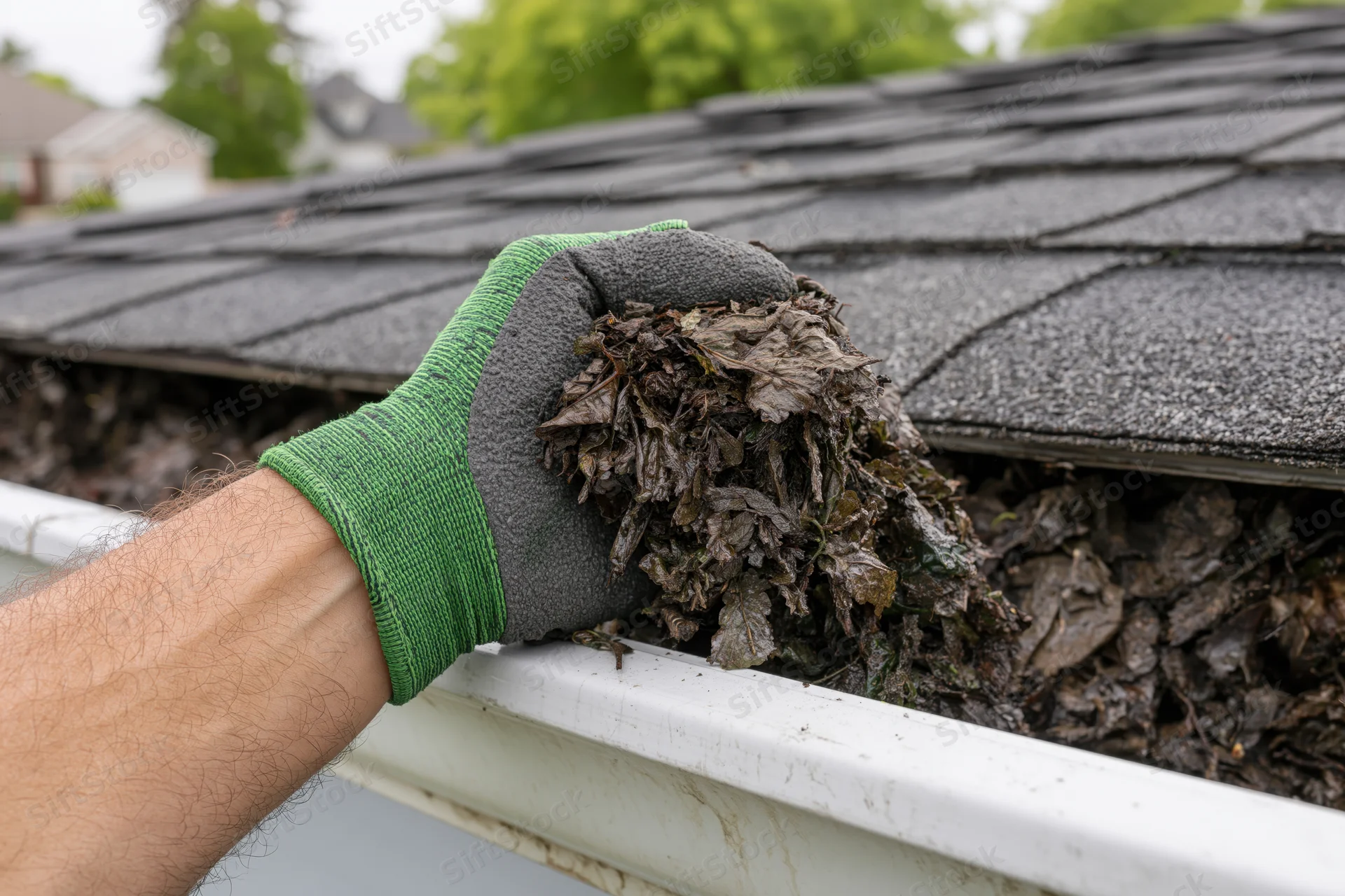 Hand in green and gray glove pulling wet leaves from white gutter on shingled roof