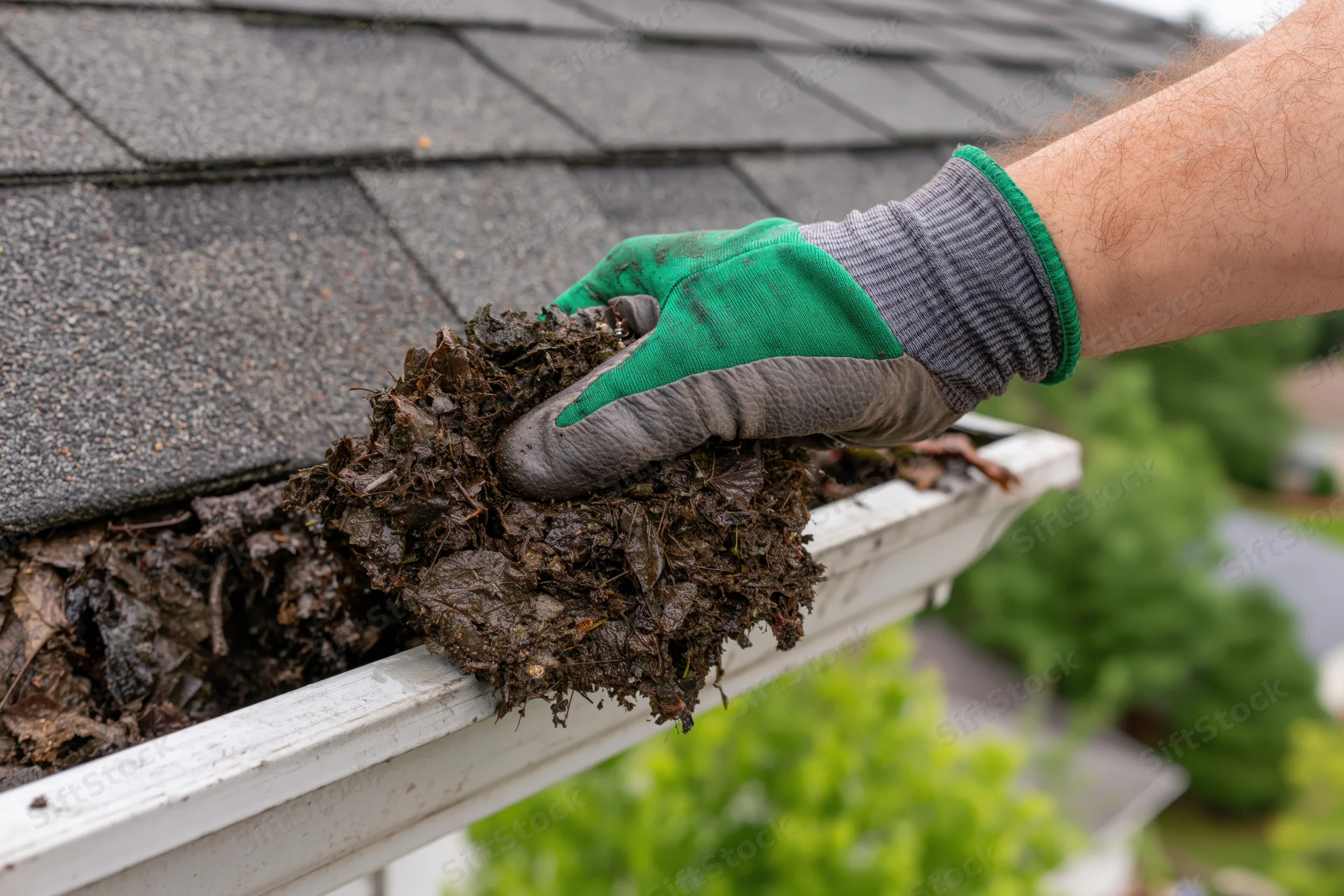 Gloved hand pulling wet leaves and debris from a white gutter on a shingled roof