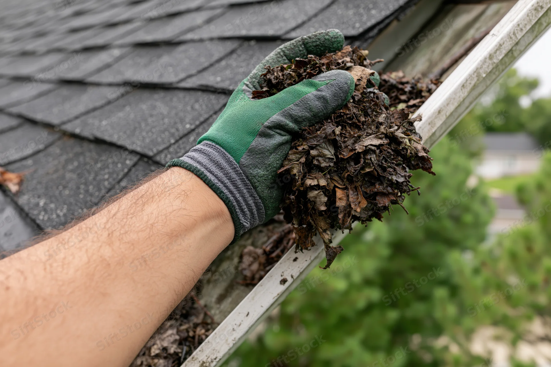 Hand in green glove pulling wet leaves from a white gutter on a shingled roof