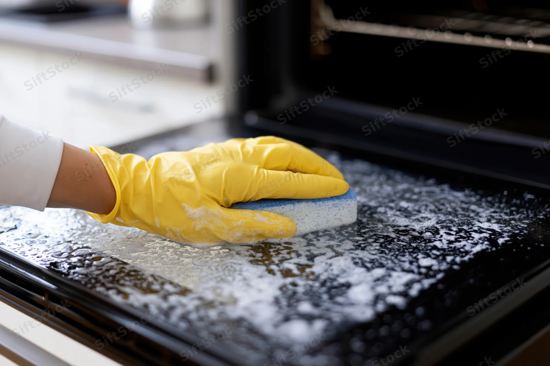 Hand in yellow glove scrubbing soapy oven door with sponge in kitchen
