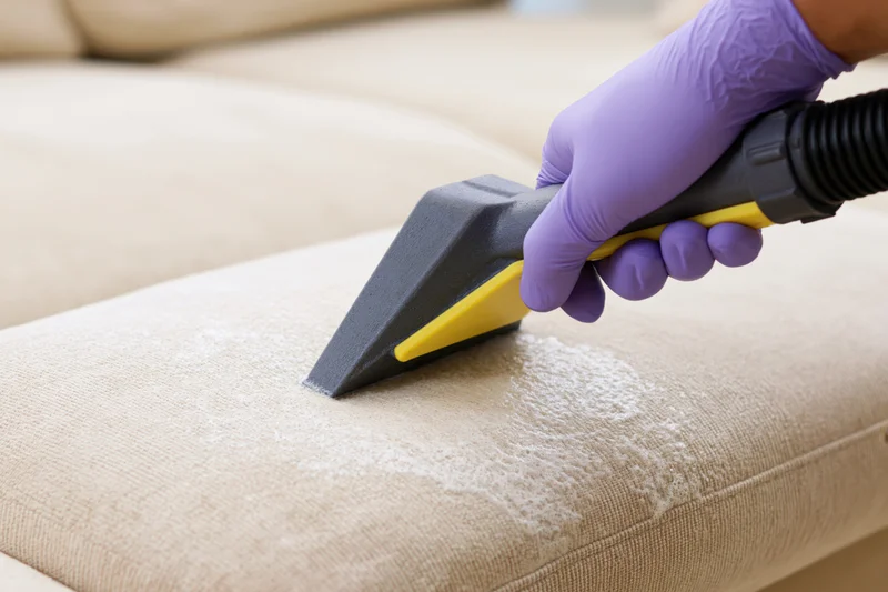 Hand in purple glove using extraction nozzle on beige sofa fabric