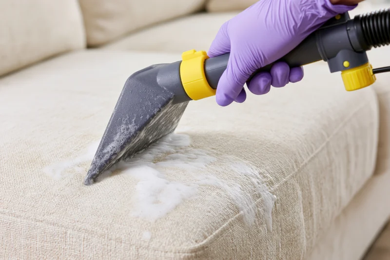 Hand in purple glove using extraction nozzle to clean foam on beige sofa fabric