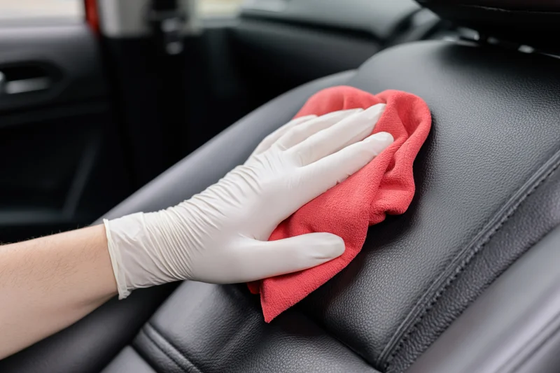 Hand in white glove wiping black leather car seat with red cloth