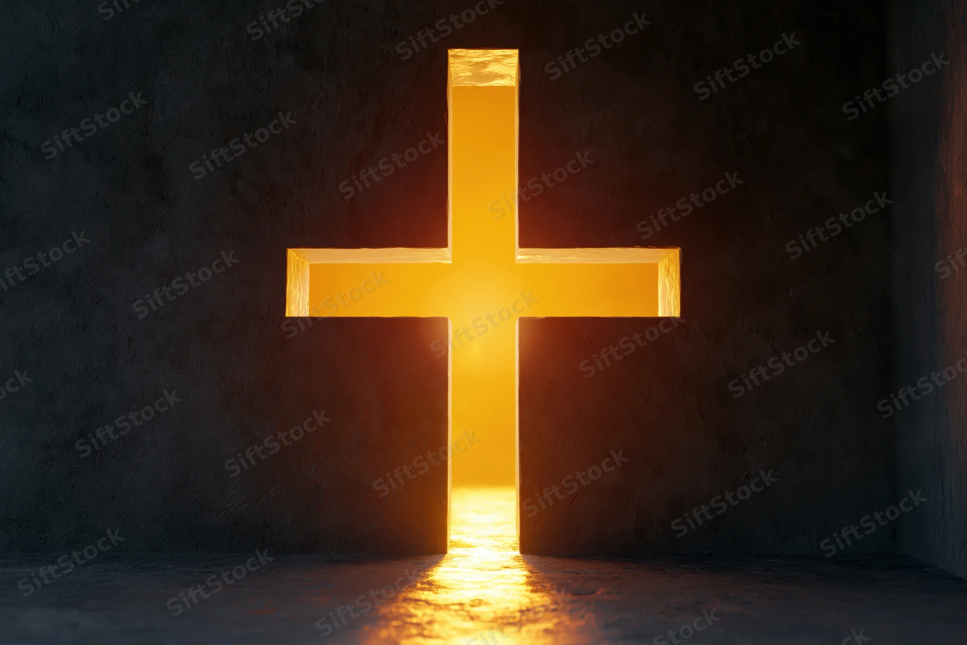 Glowing christian cross cut into dark concrete wall with light streaming through