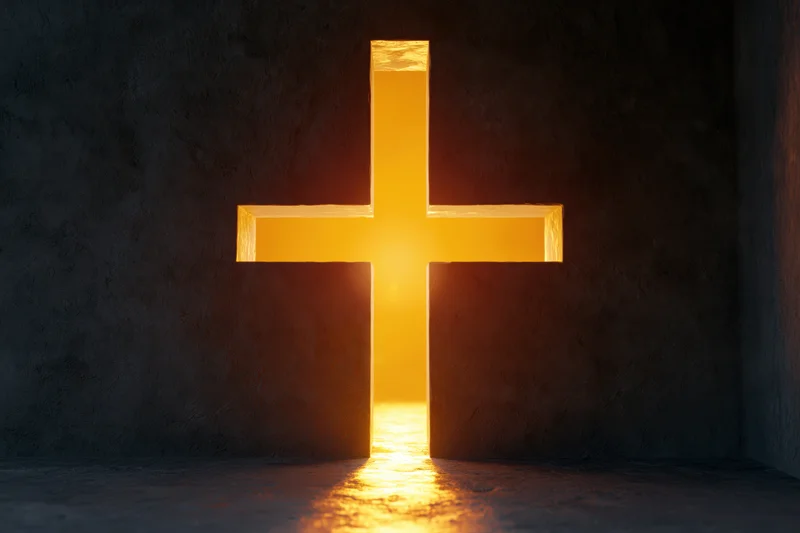 Glowing christian cross cut into dark concrete wall with light streaming through