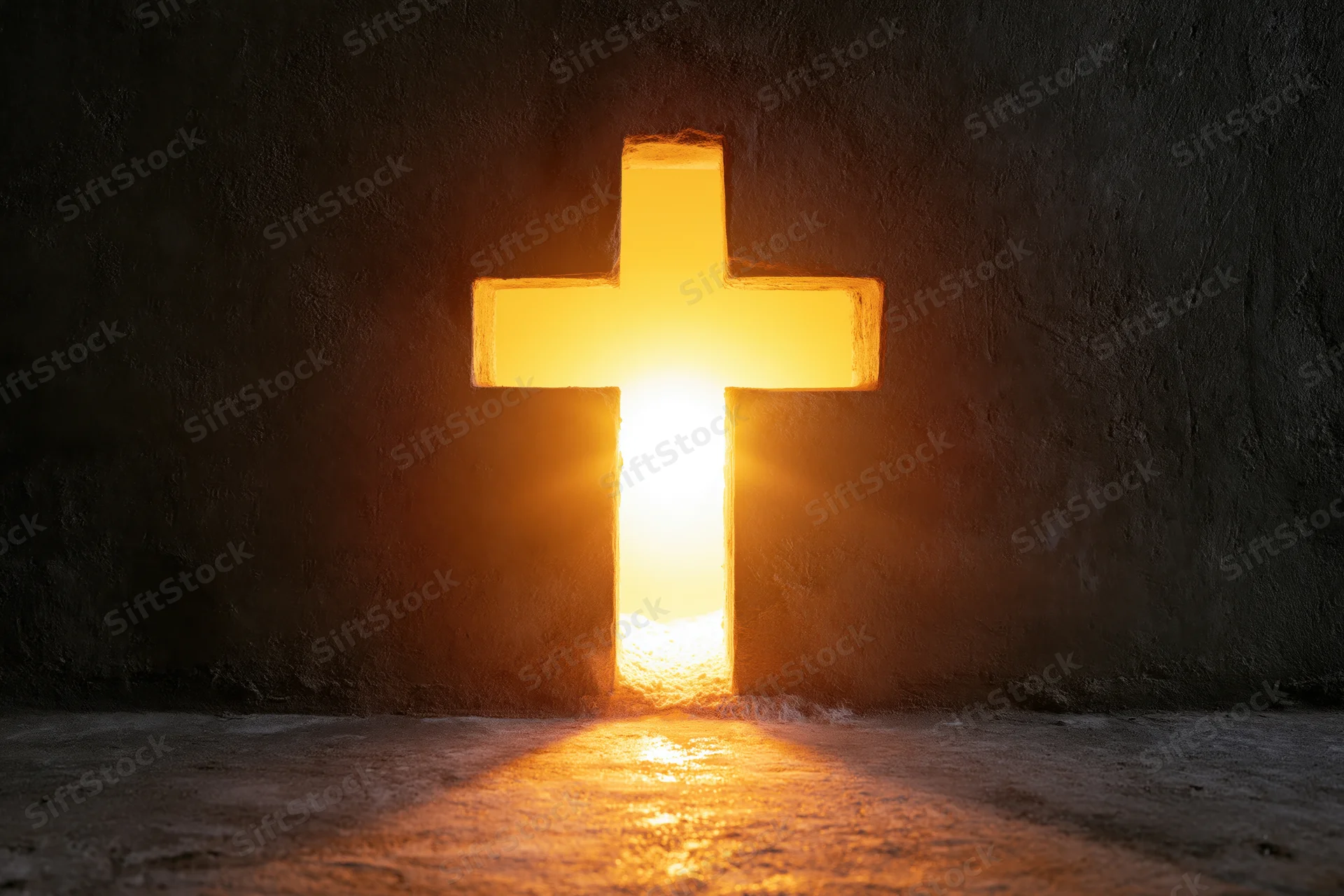 Glowing christian cross cut into dark concrete wall with warm light shining through