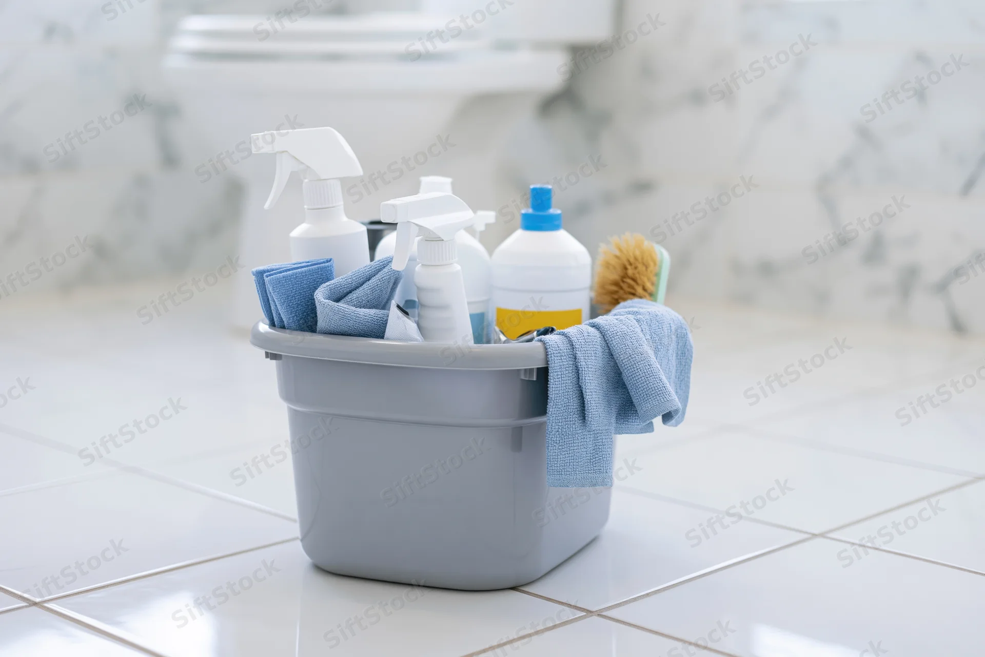 Gray plastic bucket filled with cleaning supplies on tiled bathroom floor
