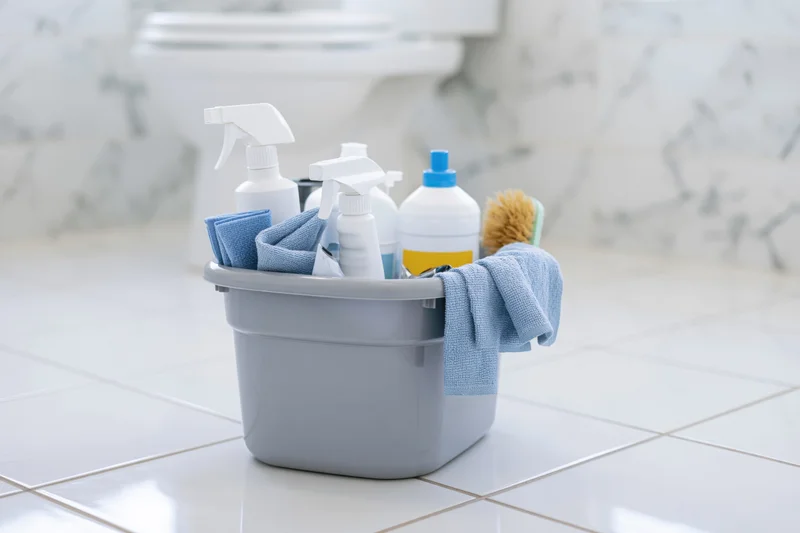 Gray plastic bucket filled with cleaning supplies on tiled bathroom floor