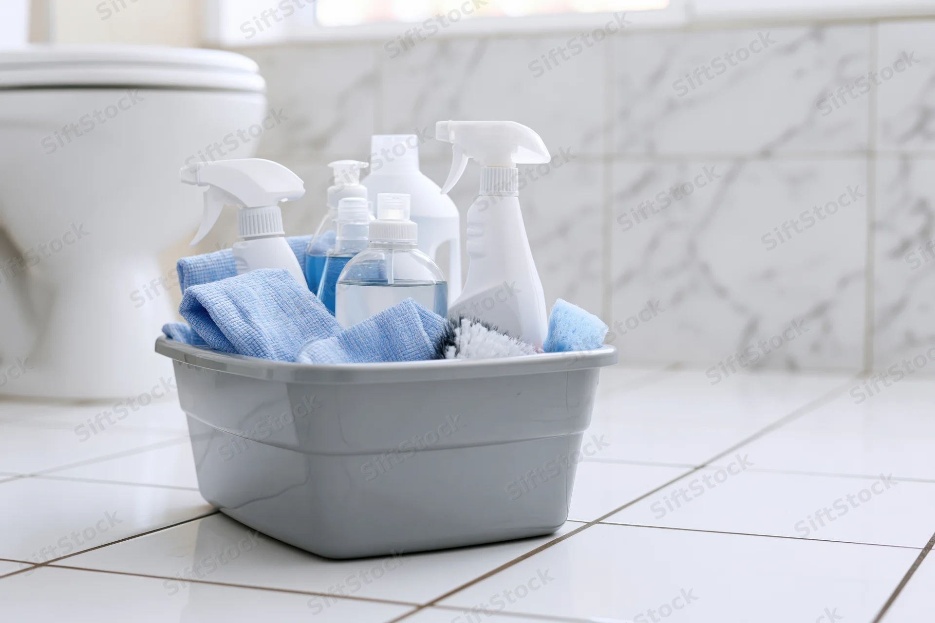 Gray plastic basin filled with cleaning supplies and blue towels on tiled bathroom floor