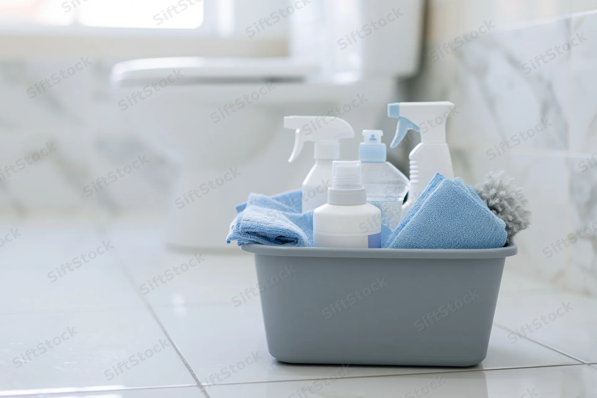 Gray plastic basin filled with cleaning supplies on tiled bathroom floor