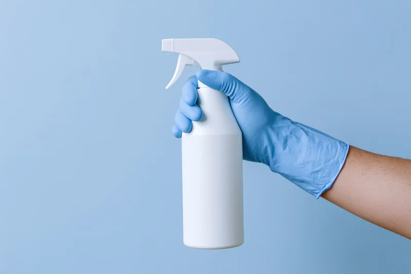 Hand in blue cleaning glove holding white spray bottle against blue background