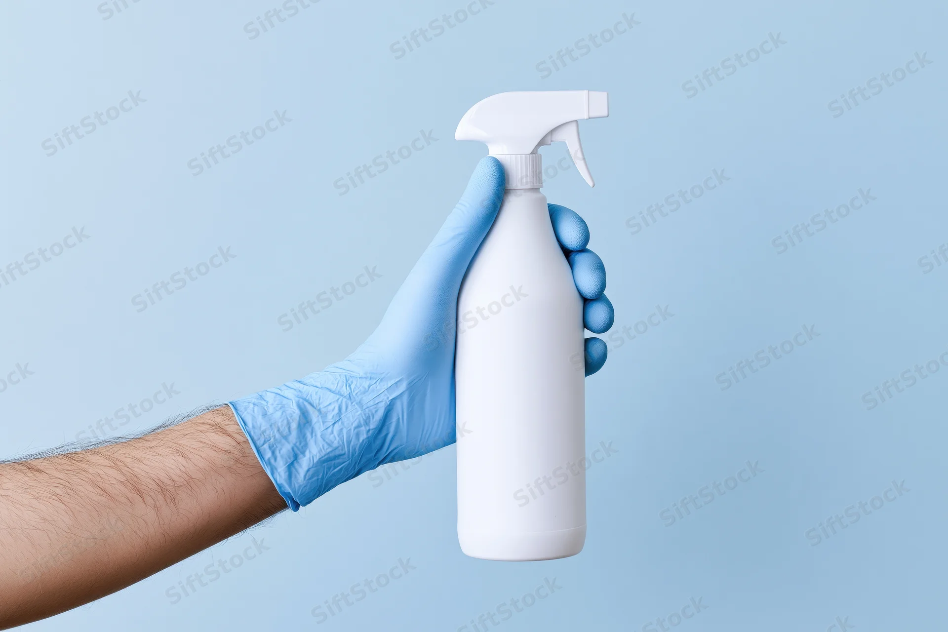 Hand in blue disposable glove holding white spray bottle against light blue background