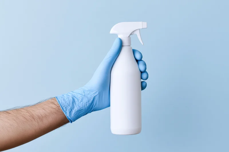 Hand in blue disposable glove holding white spray bottle against light blue background