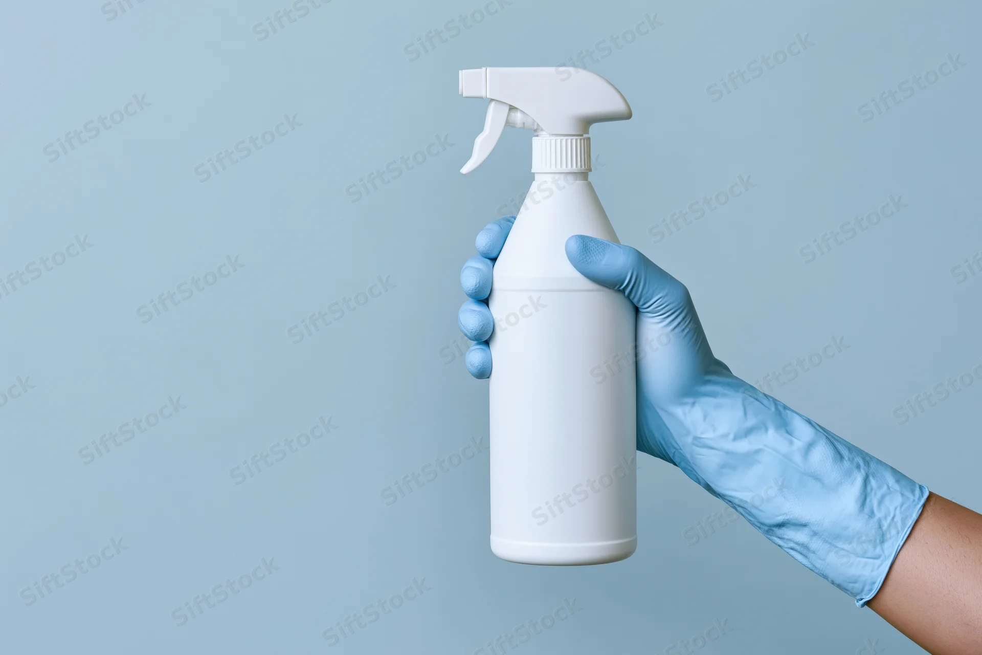 Hand in blue cleaning glove holding white spray bottle against light blue background