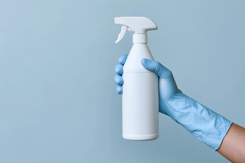 Hand in blue cleaning glove holding white spray bottle against light blue background