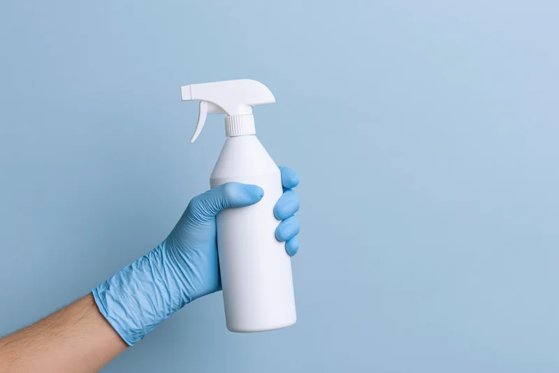 Hand in blue rubber glove holding white spray bottle against light blue background