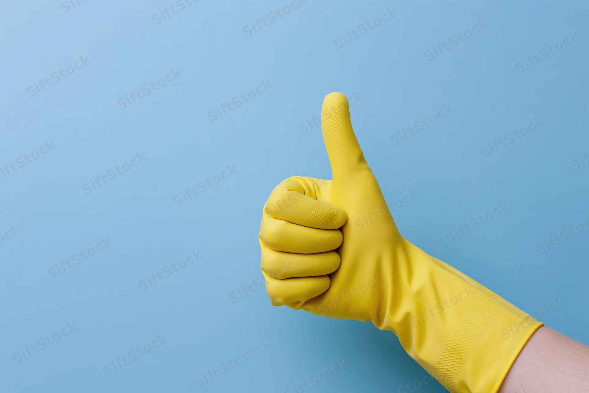 Hand in yellow rubber cleaning glove giving thumbs up against blue background