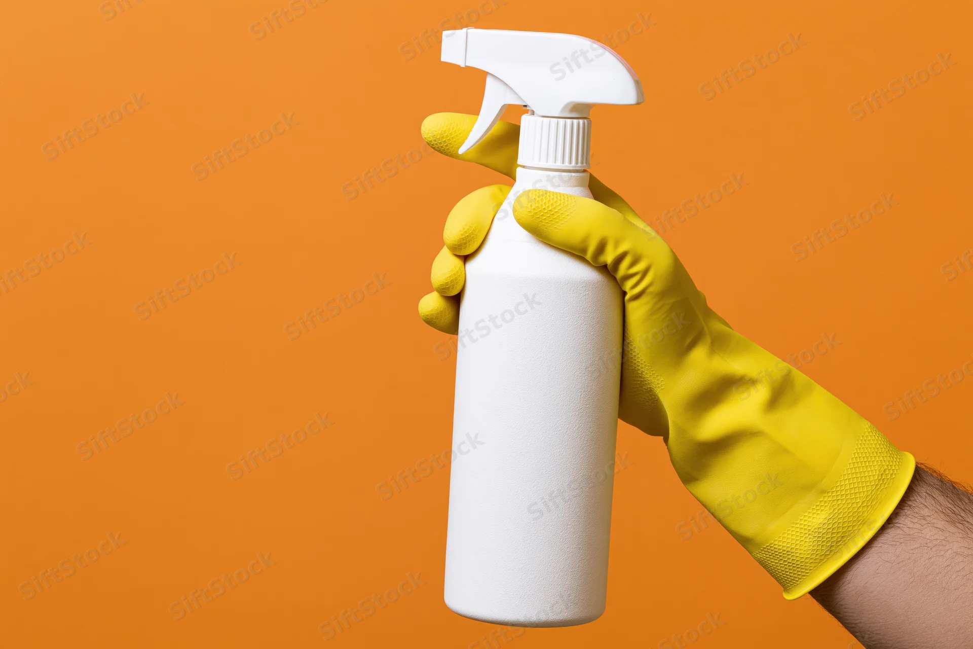 Hand in yellow rubber glove holding white spray bottle against orange background