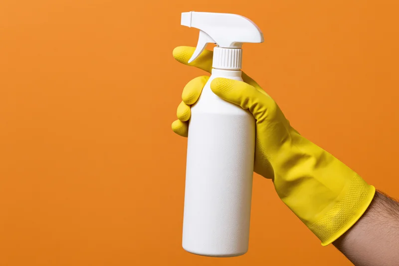 Hand in yellow rubber glove holding white spray bottle against orange background