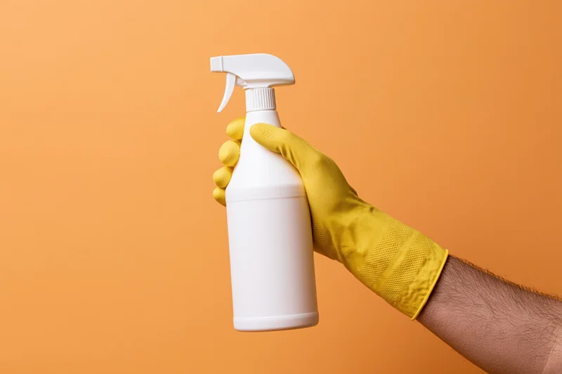 Hand in yellow rubber glove holding white spray bottle against orange background