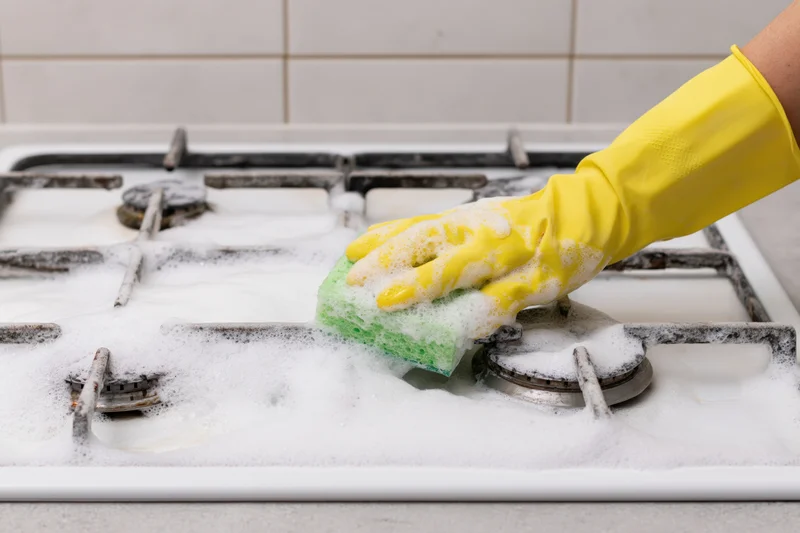 Hand in yellow rubber glove scrubbing soapy white gas stove with green sponge
