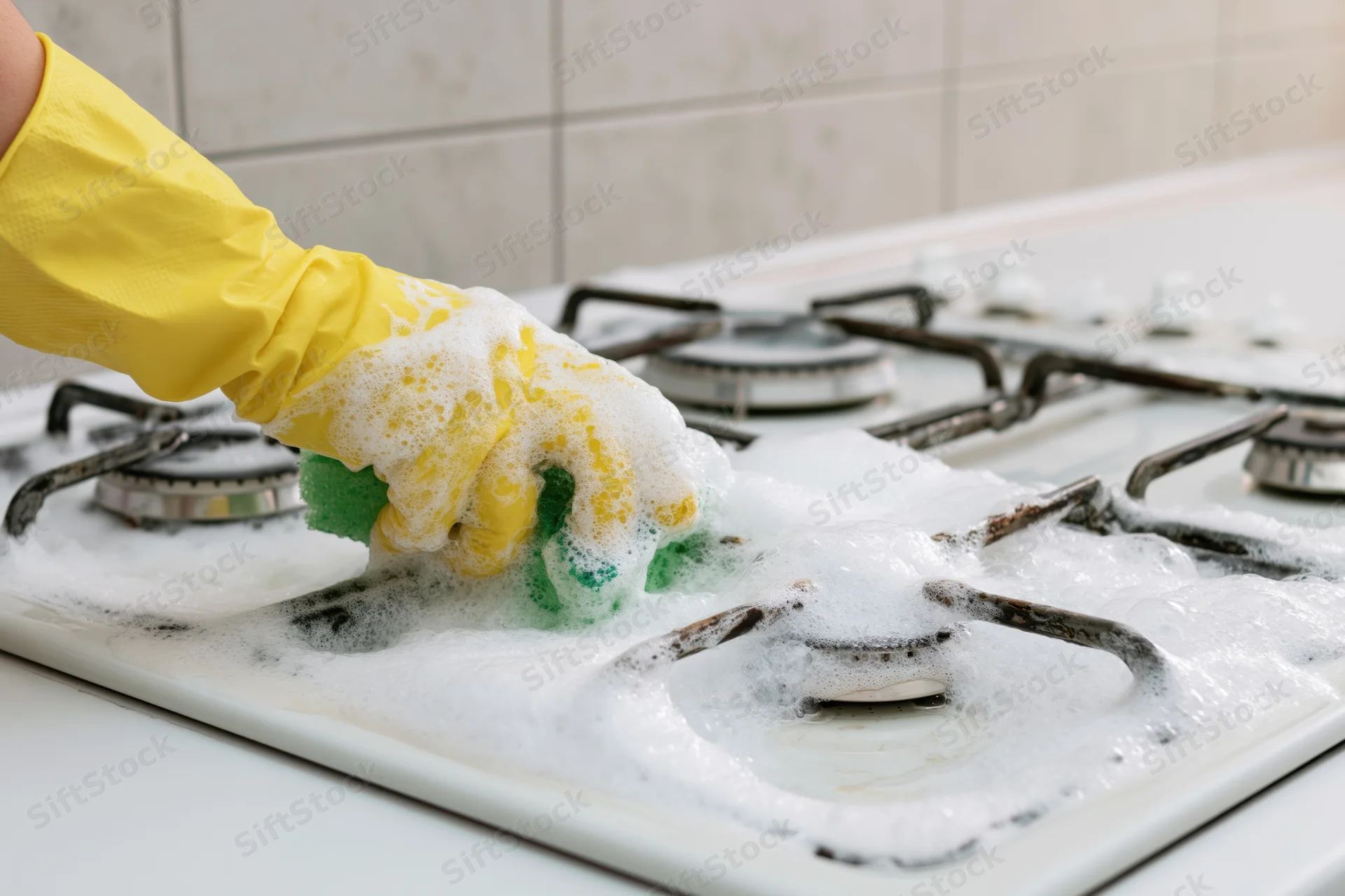 Hand in yellow rubber glove scrubbing white gas stove with soapy sponge