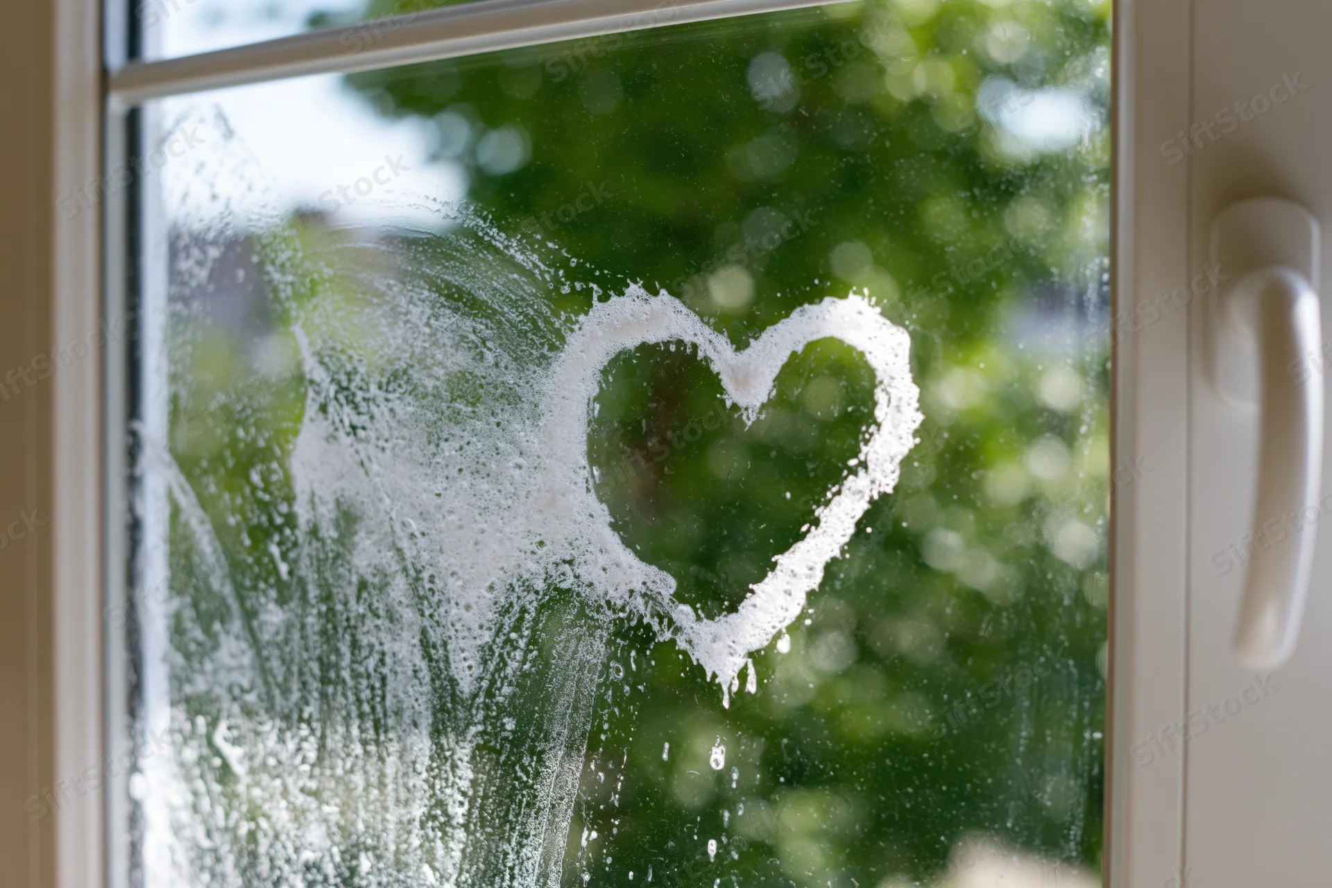 Heart drawn in soap foam on a window with green foliage visible outside