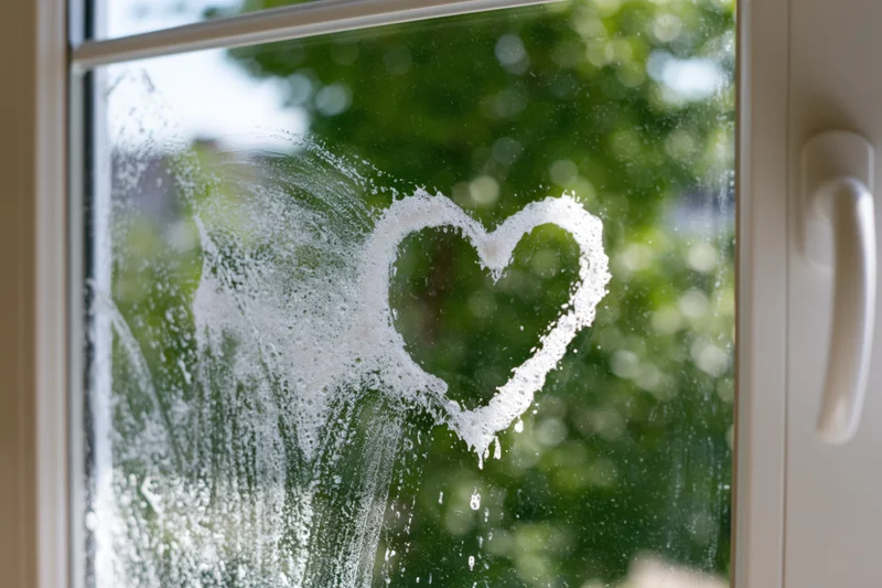 Heart drawn in soap foam on a window with green foliage visible outside
