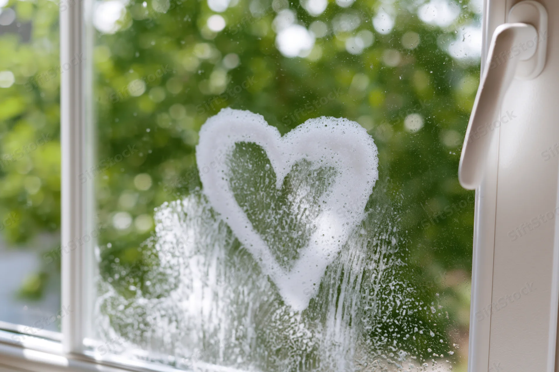 Heart drawn in soapy foam on a window with green foliage visible outside