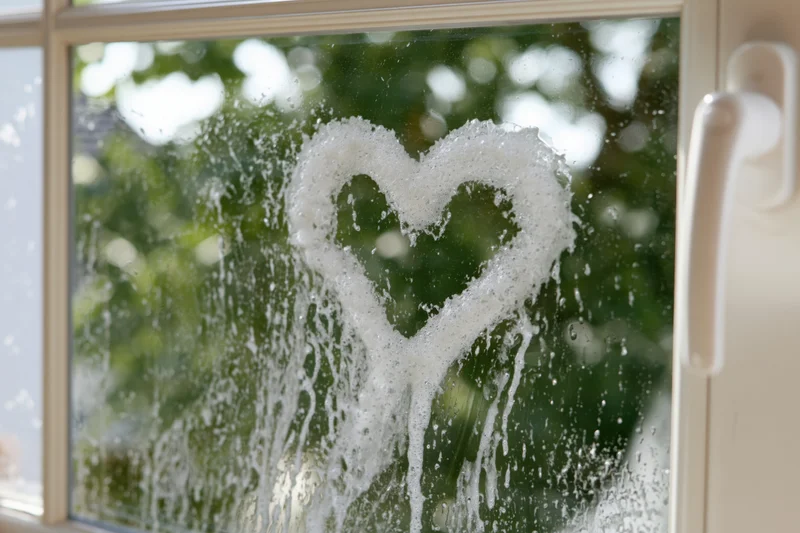 Heart shape drawn in soapy foam on a window with green foliage visible outside